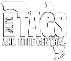 Auto Tags and Title Central white transparent logo with Florida state outline