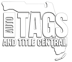 Auto Tags and Title Central white transparent logo with Florida state outline