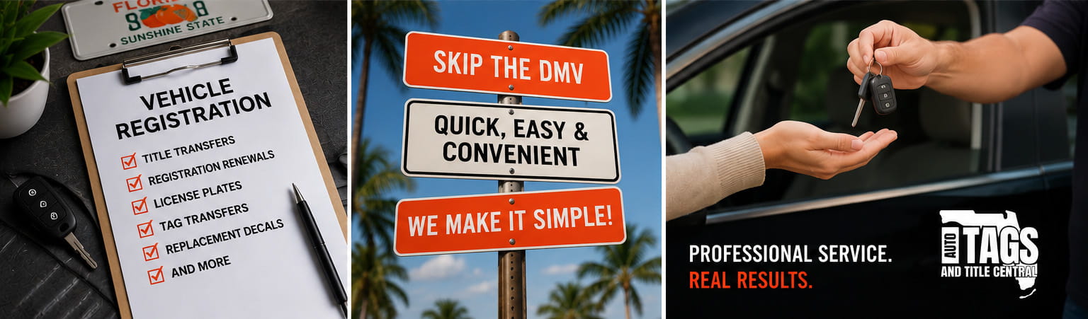 Vehicle registration checklist and skip the DMV signs promoting Broward County tag and title services