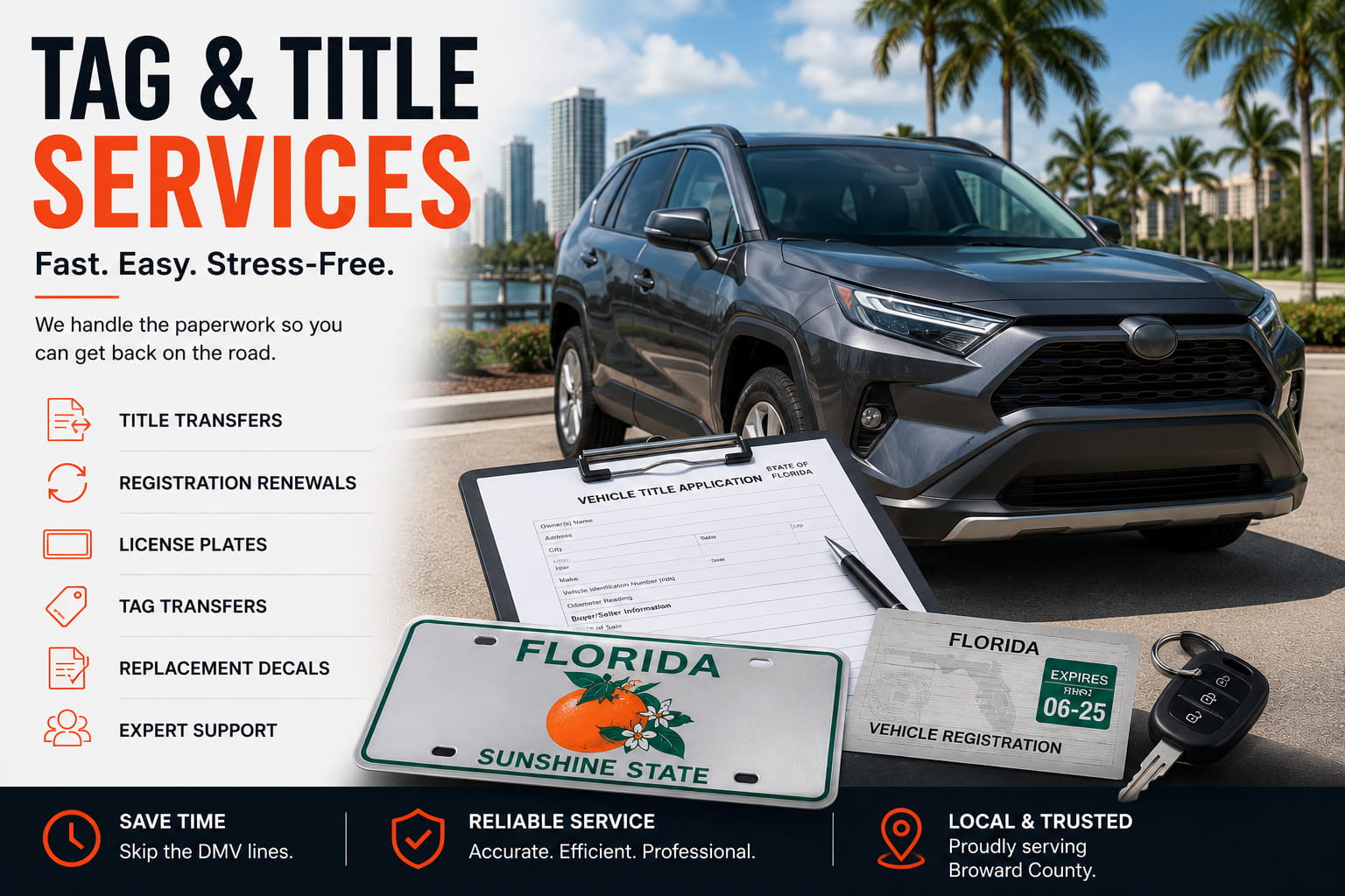 Florida registration paperwork and SUV promoting Broward County tag and title services