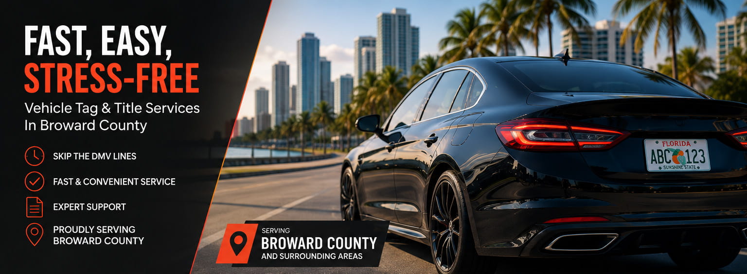 Luxury black sedan promoting fast vehicle registration and tag services in Broward County Florida