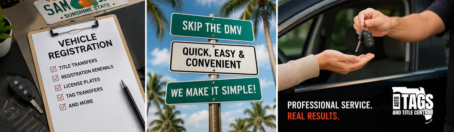Broward County vehicle registration and DMV services collage with registration paperwork and skip the DMV sign