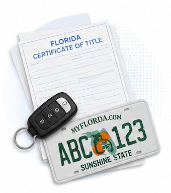 Florida certificate of title paperwork with car key and Florida license plate