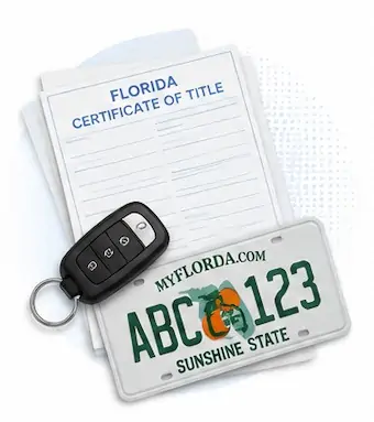Florida certificate of title paperwork with car key and Florida license plate