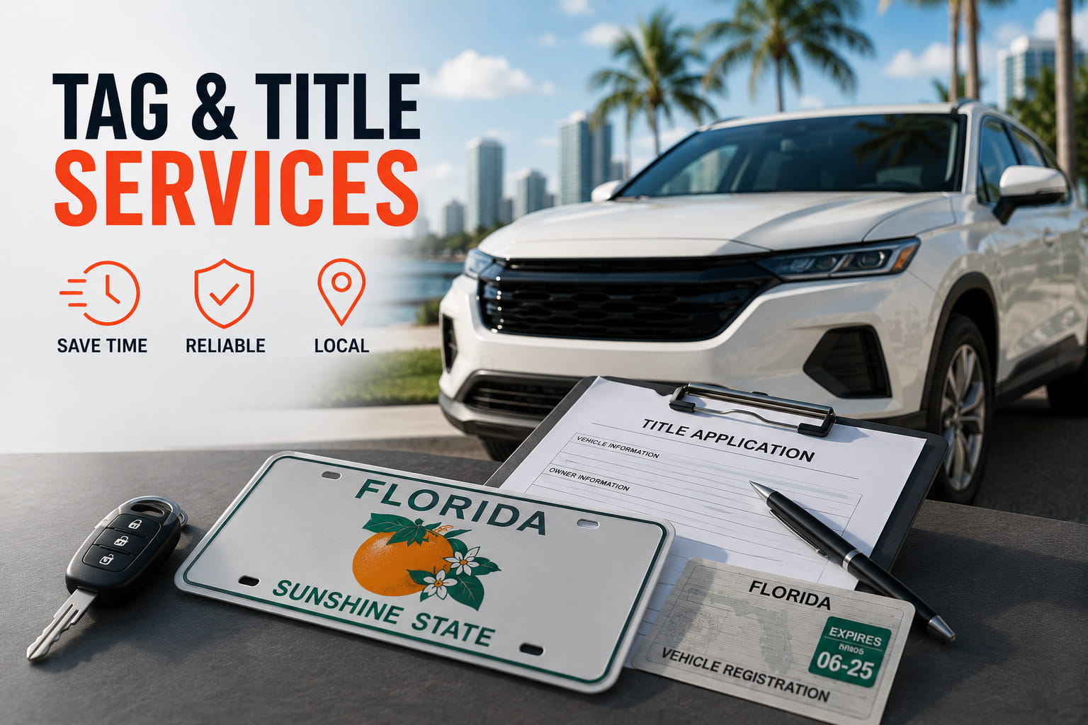 SUV with Florida registration paperwork promoting vehicle registration and title services