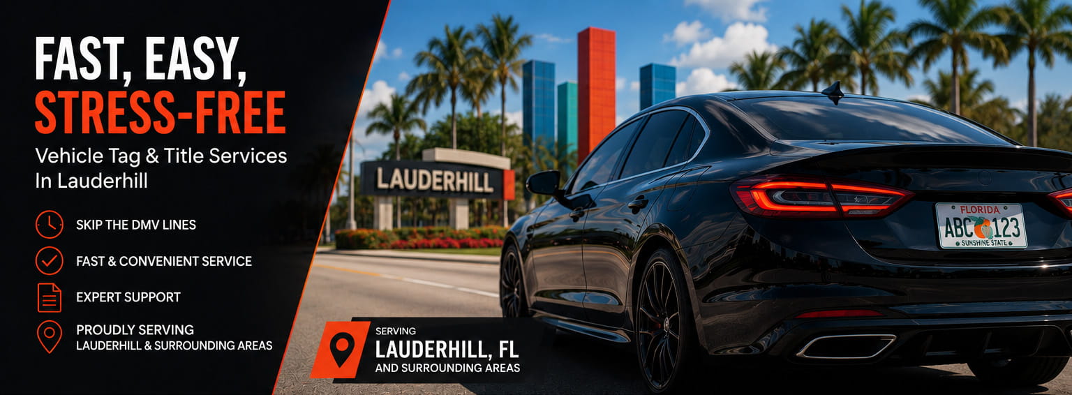 Luxury sedan promoting fast vehicle registration and title services in Lauderhill Florida