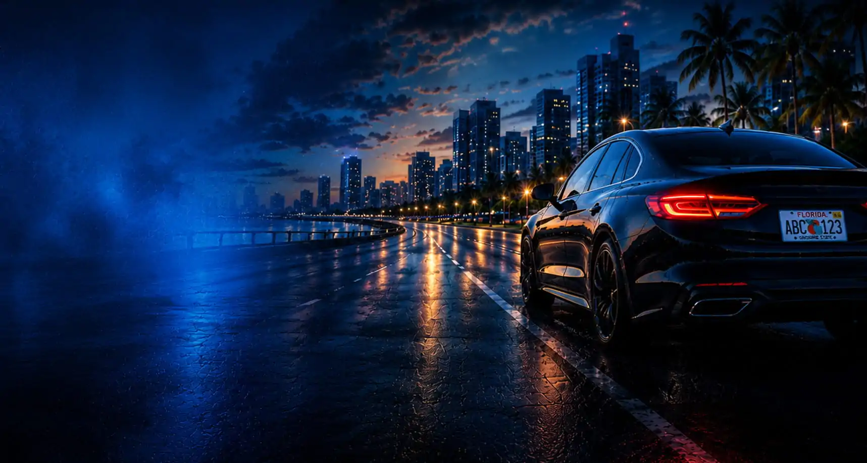 Luxury vehicle with Florida skyline at night promoting Lauderhill tag and title services